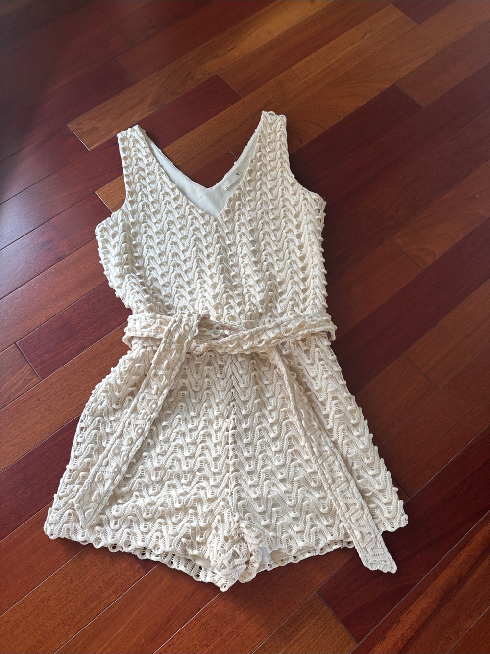 Cream Crochet Romper with Self Tie Belt - Kids
